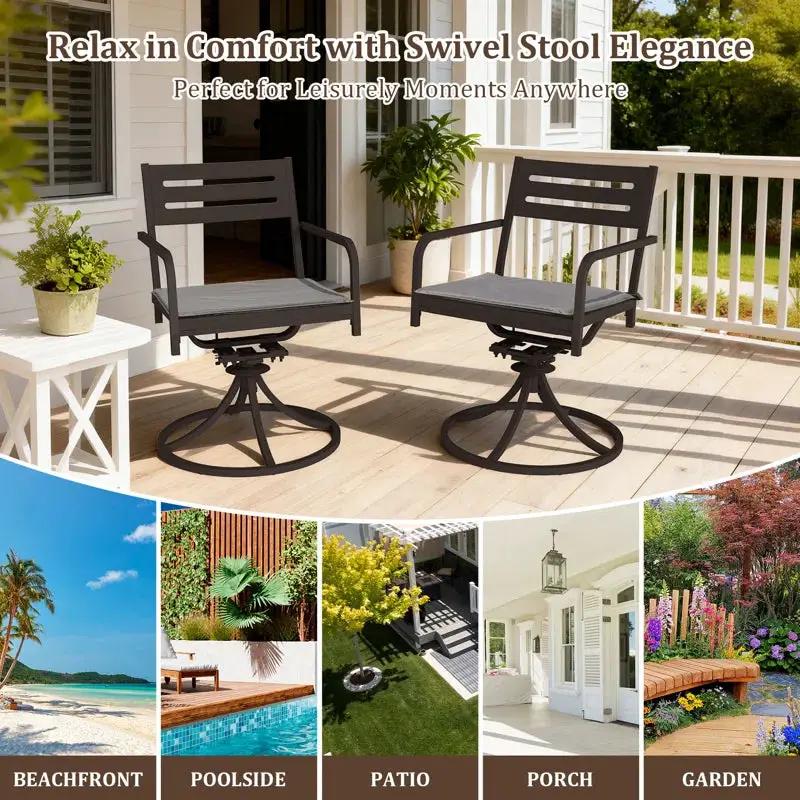 Set of 2 Powder-Coated Steel 360° Swivel Outdoor Dining Chairs with All-Weather Cushions by HouseOfZazla