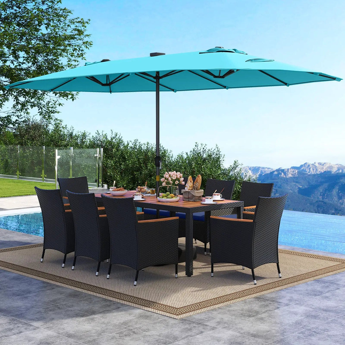 11 Pieces Patio Dining Set with LED Patio Umbrella with Base and Seat Cushions (Navy), photo 14 of 54