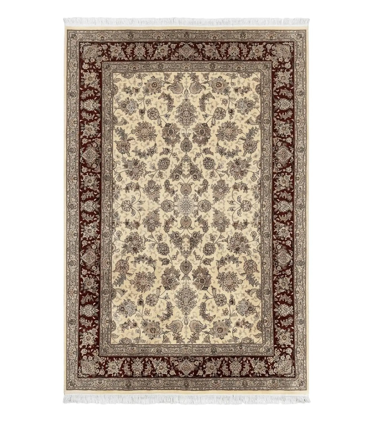 Pak Persian Rug 6x9, Floral Allover Carpet 6 x 9 ft, Cream and Maroon Hand Knotted Wool and Silk Fine Oriental Rug, Traditional Vintage Rug by Jewel Rugs