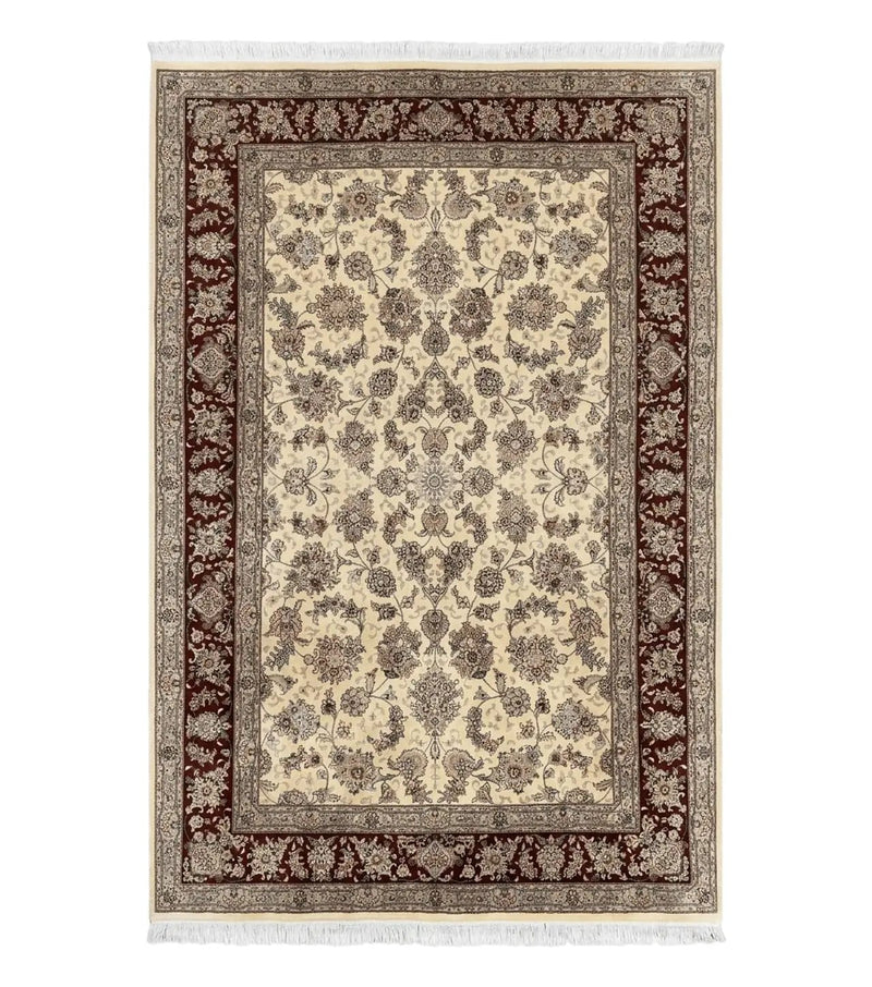 Pak Persian Rug 6x9, Floral Allover Carpet 6 x 9 ft, Cream and Maroon Hand Knotted Wool and Silk Fine Oriental Rug, Traditional Vintage Rug by Jewel Rugs