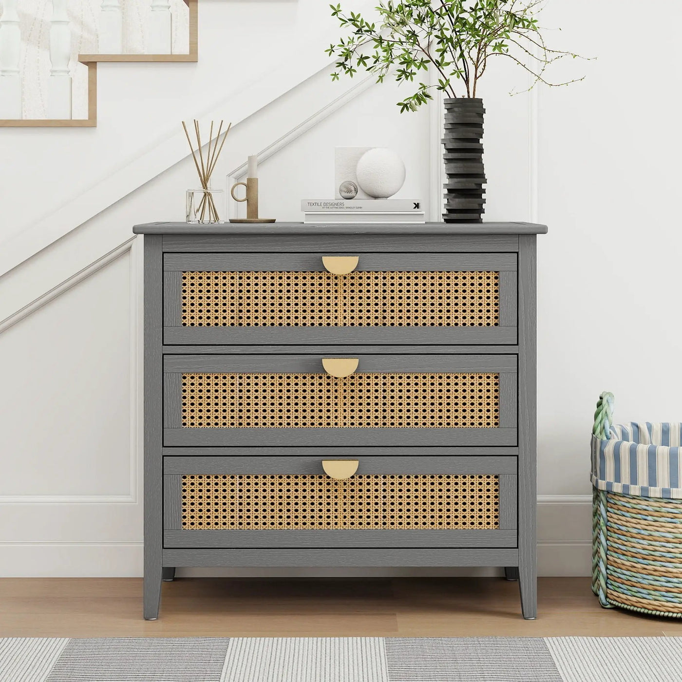 3 Drawer Cabinet, Natural Rattan, American Furniture by HouseOfZazla