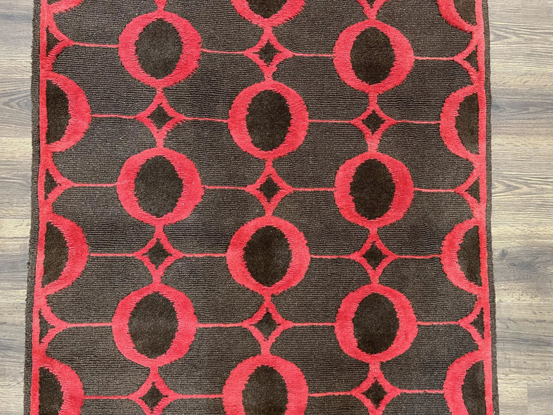 Modern Tibetan Rug 3.8 x 5.7, Raspberry Red and Dark Brown, Abstract Circle Design, Hand Knotted, Soft Wool Handmade Tibet Nepali Carpet 4x6 by Jewel Rugs
