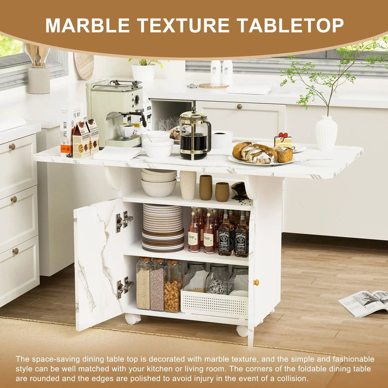 Versatile Marble Folding Dining Table With Storage Rack And Cabinet, 6 Wheels - White by HouseOfZazla