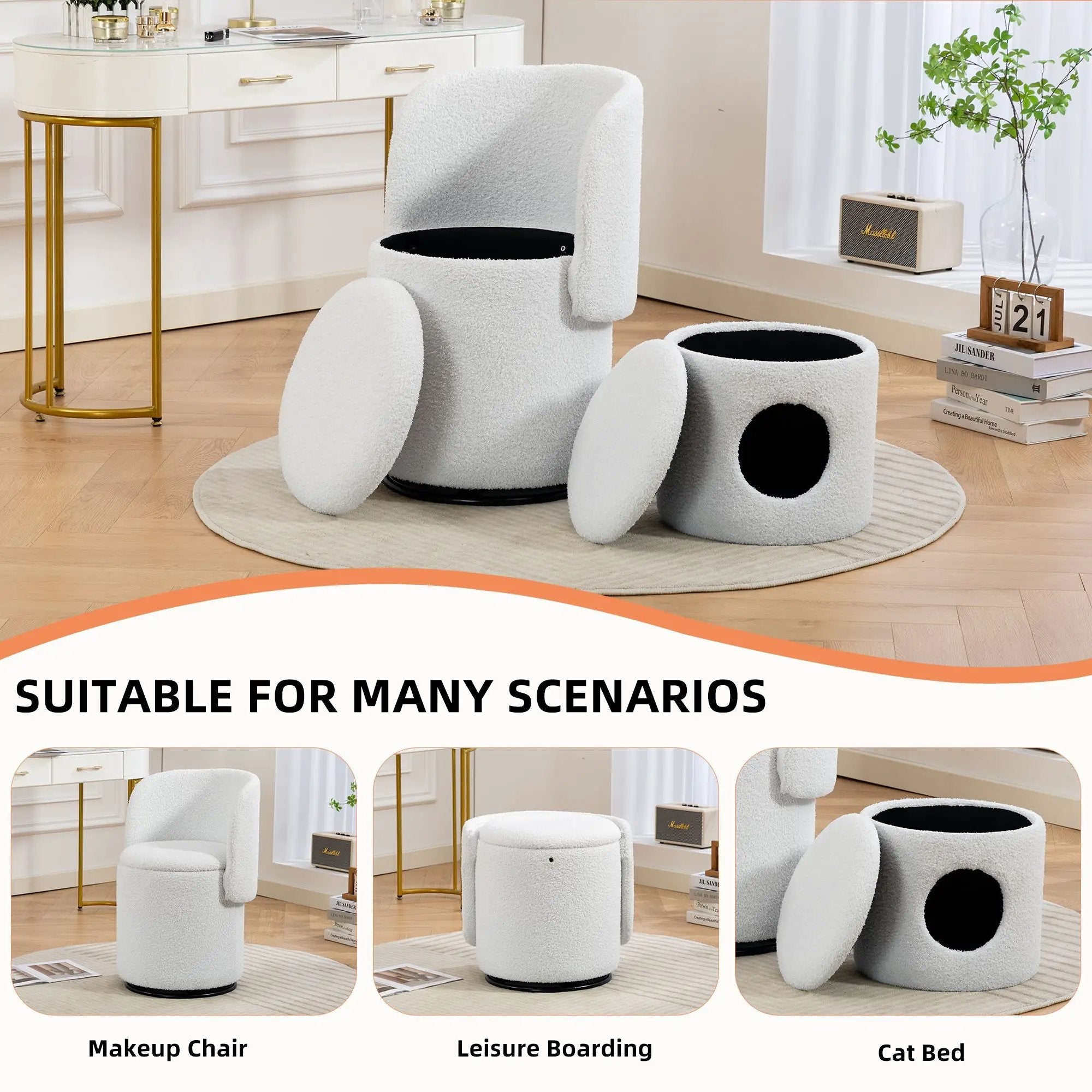 Barrel Chair & Built In Storage, 360° Swivel - Beige by HouseOfZazla