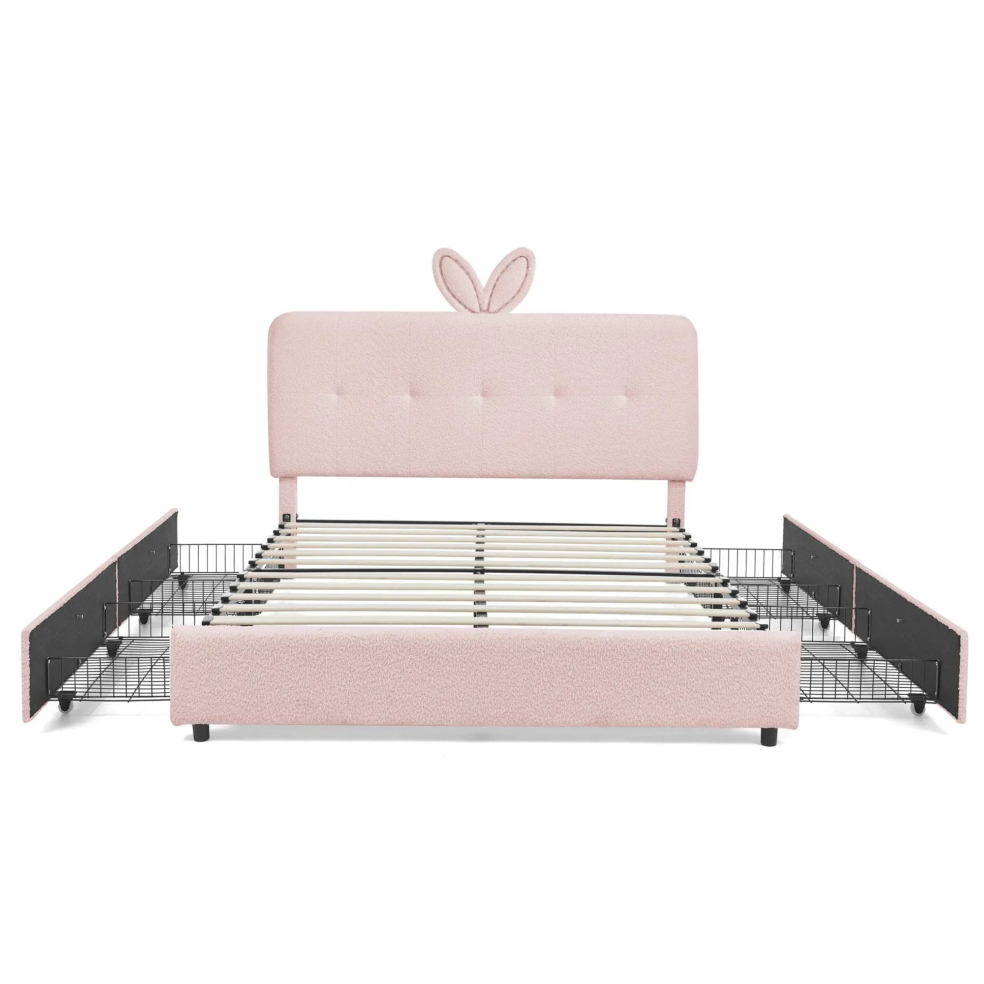 Queen Size Kids Upholstered Bed with Rabbit Ear Headboard & Storage by HouseOfZazla