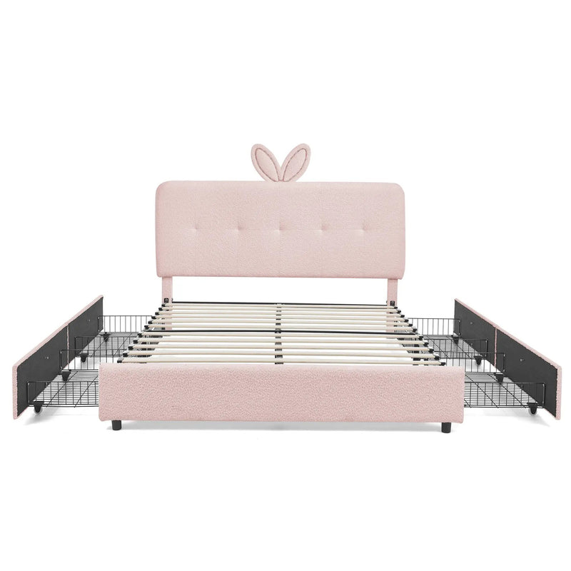 Queen Size Kids Upholstered Bed with Rabbit Ear Headboard & Storage by HouseOfZazla