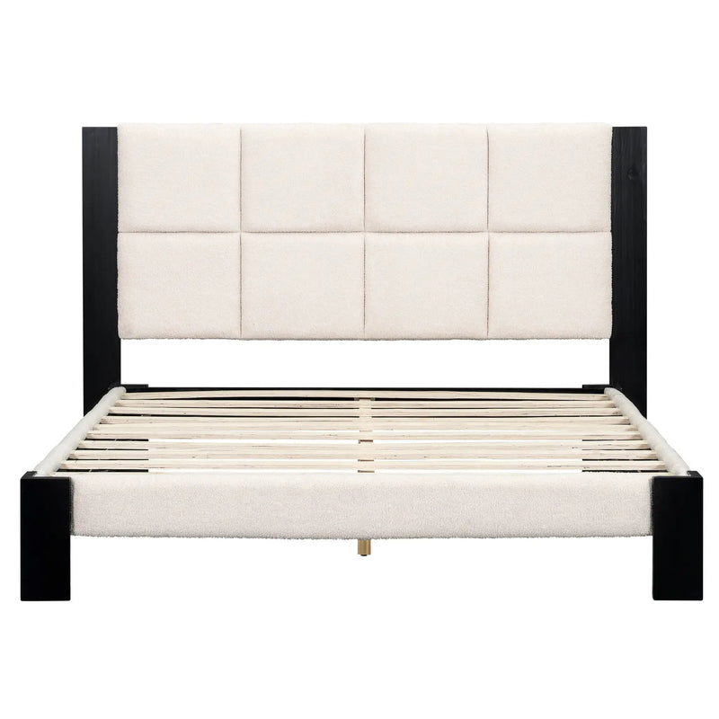 Boucle Queen Bed Frame With Square-Stitched Headboard by HouseOfZazla
