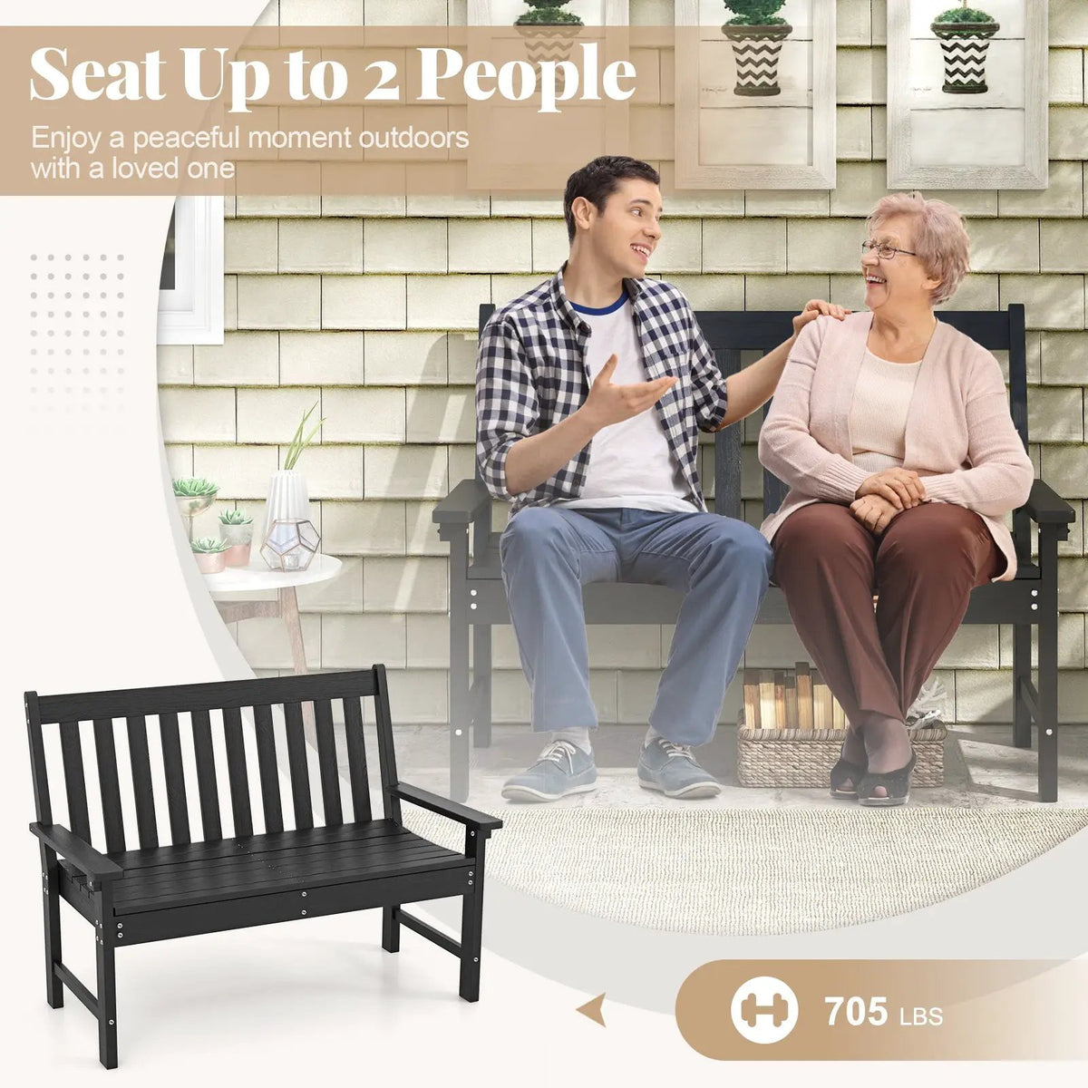 52 Inch All-Weather HDPE Outdoor Bench with Backrest and Armrests, photo 6 of 11