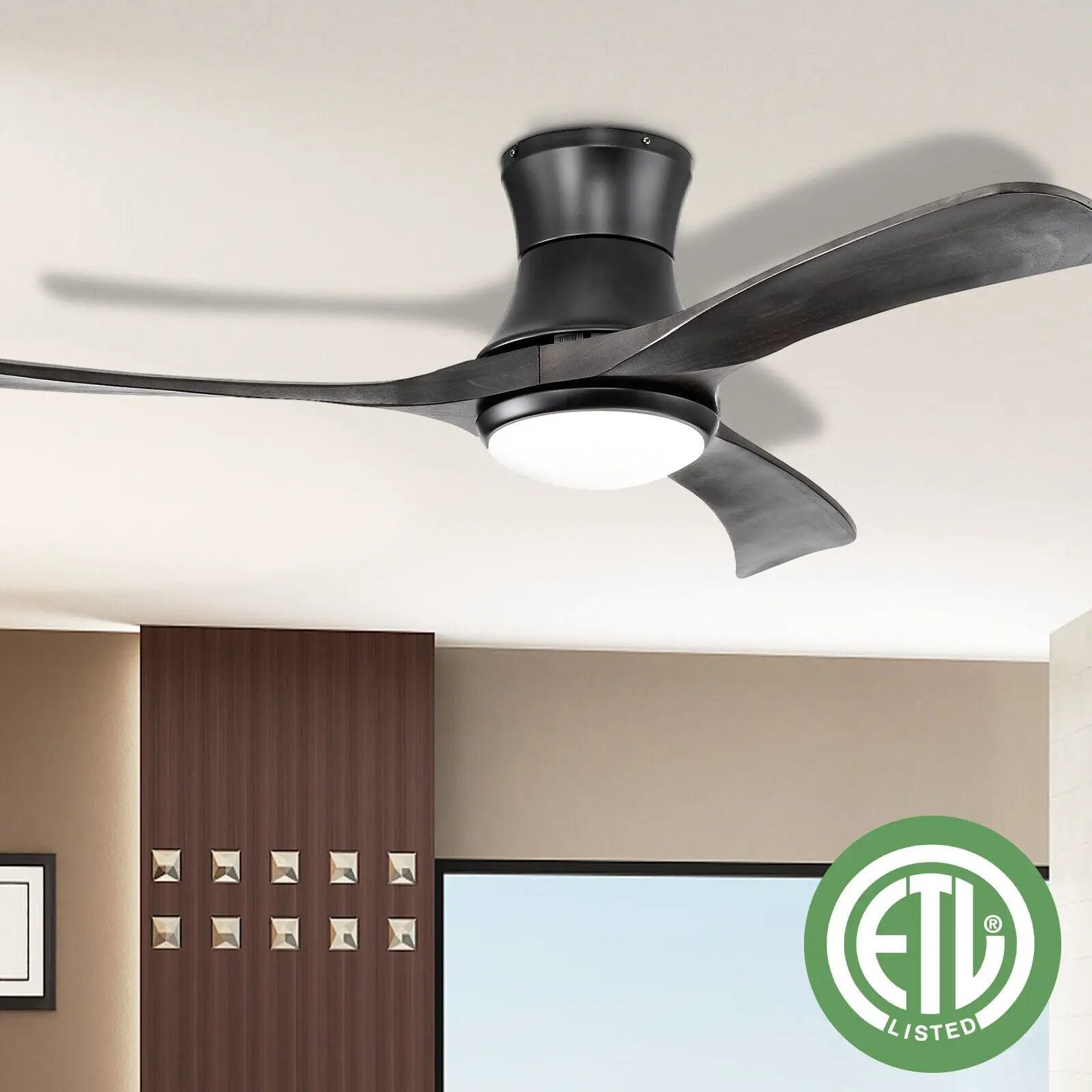 52 Inch Flush Mount Ceiling Fan with LED Light-Black by DirectDeals