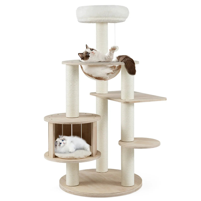 52 Inches Tall Wooden Cat Tree with Washable Plush Cushions and Multi-Level Climbing Stand by DirectDeals