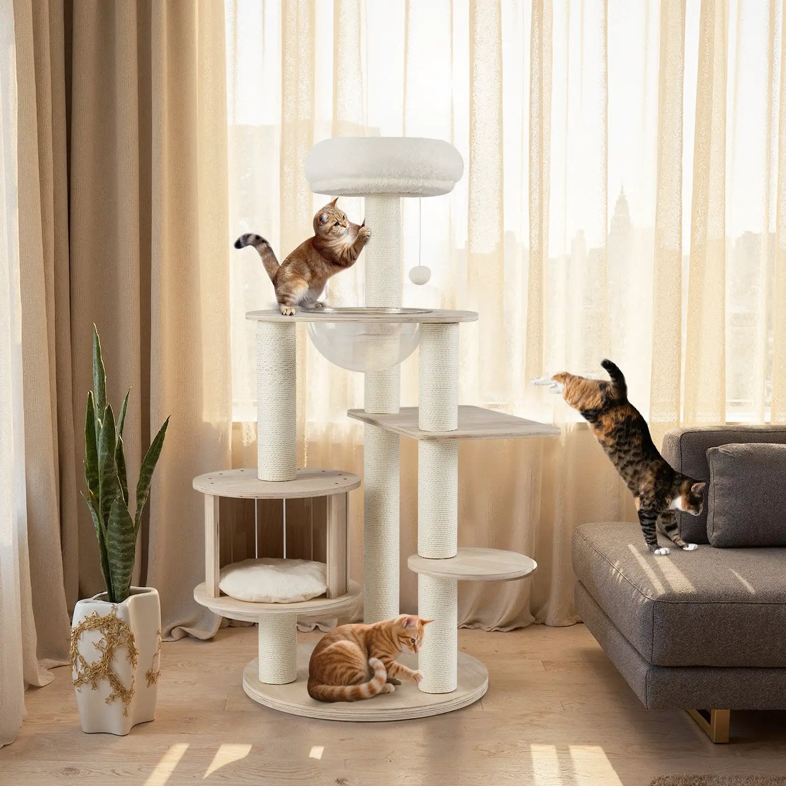 52 Inches Tall Wooden Cat Tree with Washable Plush Cushions and Multi-Level Climbing Stand by DirectDeals