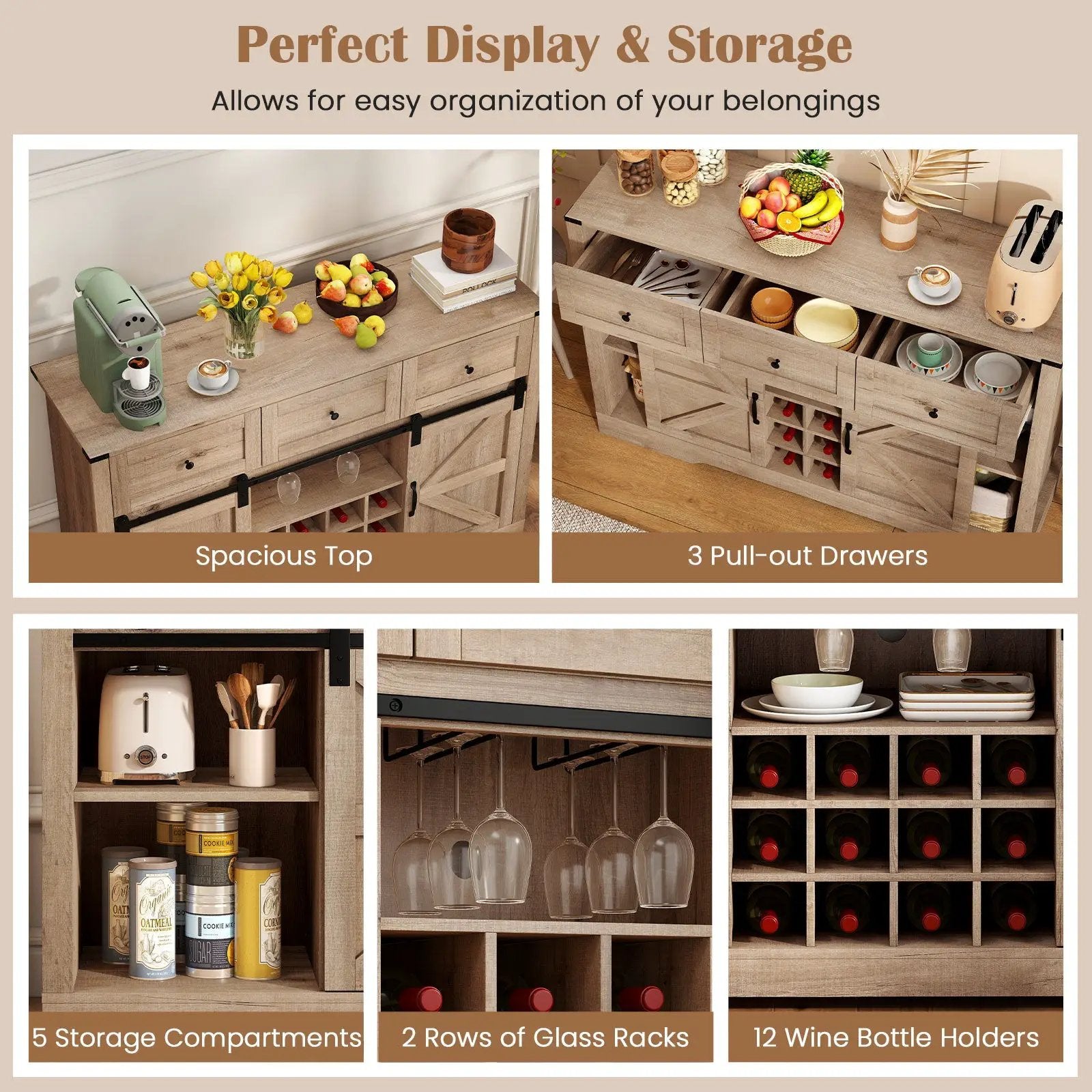 52 Inches Wine Bar Cabinet with LED Lights and Sliding Barn Doors by DirectDeals