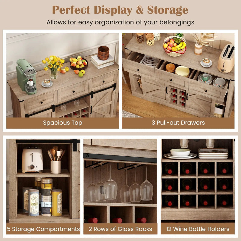 52 Inches Wine Bar Cabinet with LED Lights and Sliding Barn Doors by DirectDeals