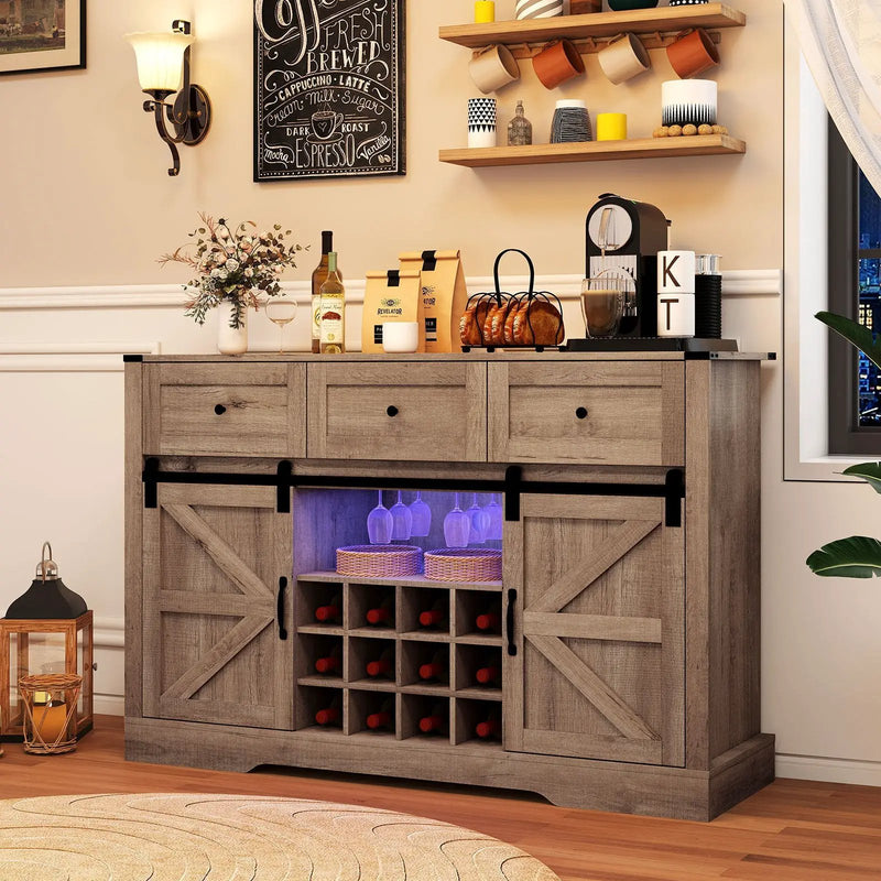 52 Inches Wine Bar Cabinet with LED Lights and Sliding Barn Doors by DirectDeals
