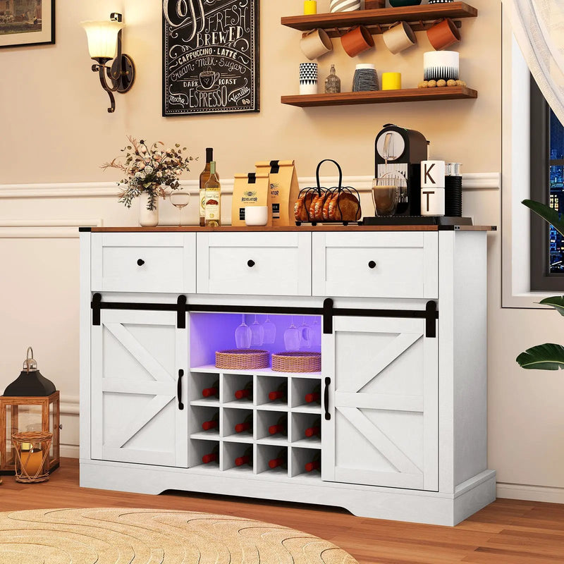 52 Inches Wine Bar Cabinet with LED Lights and Sliding Barn Doors by DirectDeals