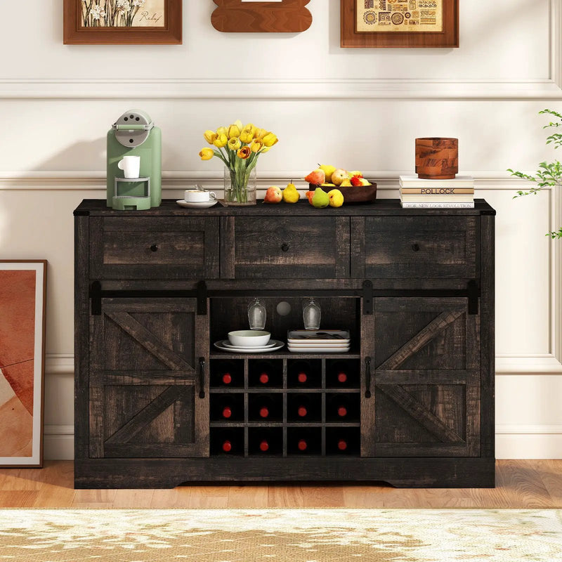 52 Inches Wine Bar Cabinet with LED Lights and Sliding Barn Doors by DirectDeals