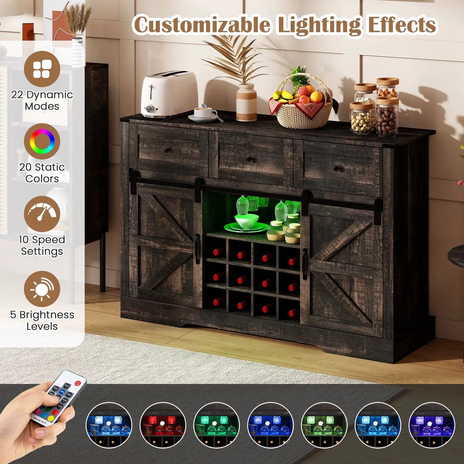 52 Inches Wine Bar Cabinet with LED Lights and Sliding Barn Doors by DirectDeals