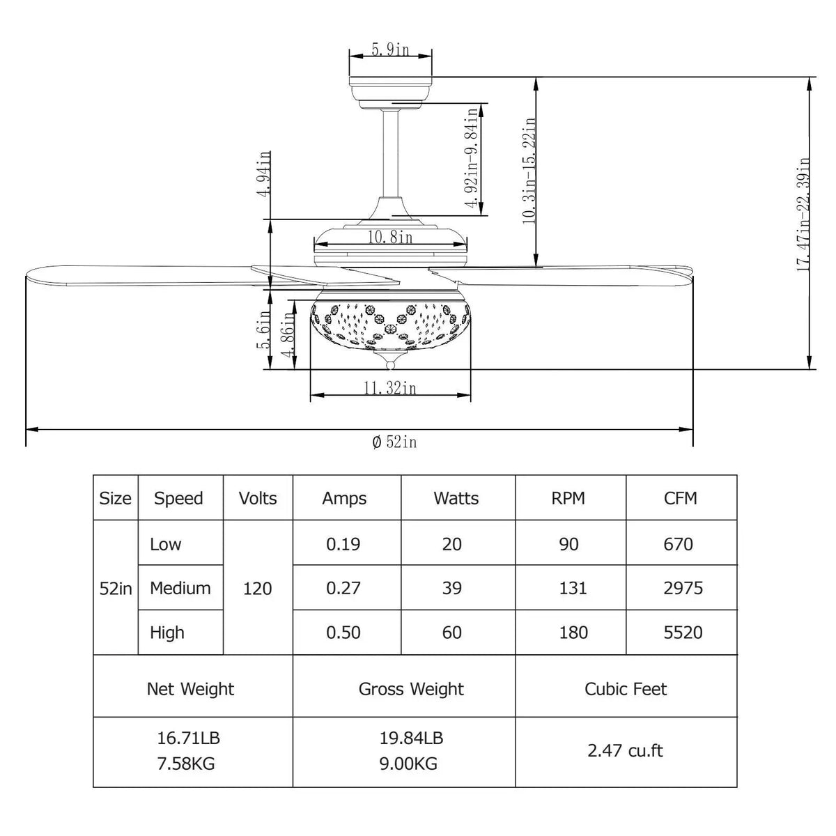 52 Inches Ceiling Fan with Remote Control, photo 4 of 9