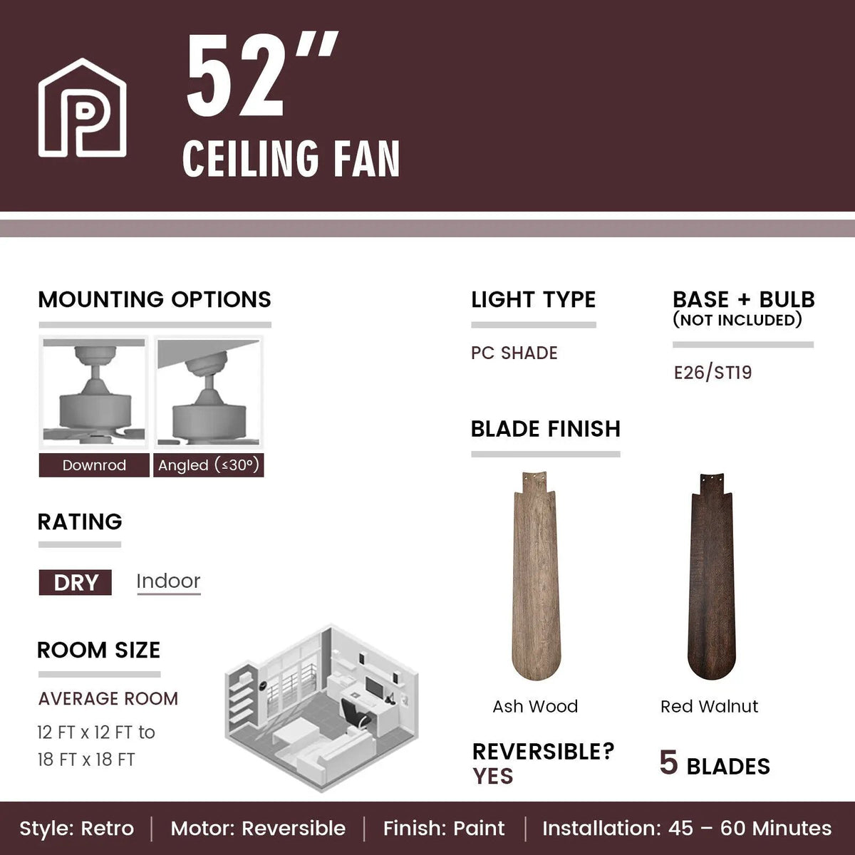 52 Inches Ceiling Fan with Remote Control, photo 5 of 9