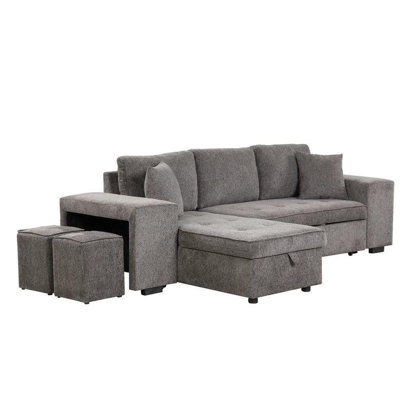 Modern L-Shape 3 Seat Reversible Sectional Couch, Pull Out Sleeper Sofa With Storage Chaise And 2 Stools For Living Room Furniture Set by HouseOfZazla