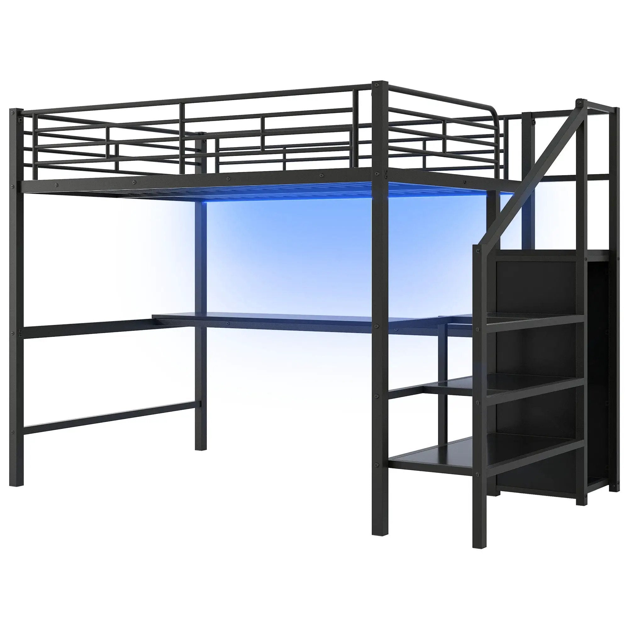 Full Size Loft Bed With Desk, Storage Staircase, Small Wardrobe And LED Light - Black by HouseOfZazla