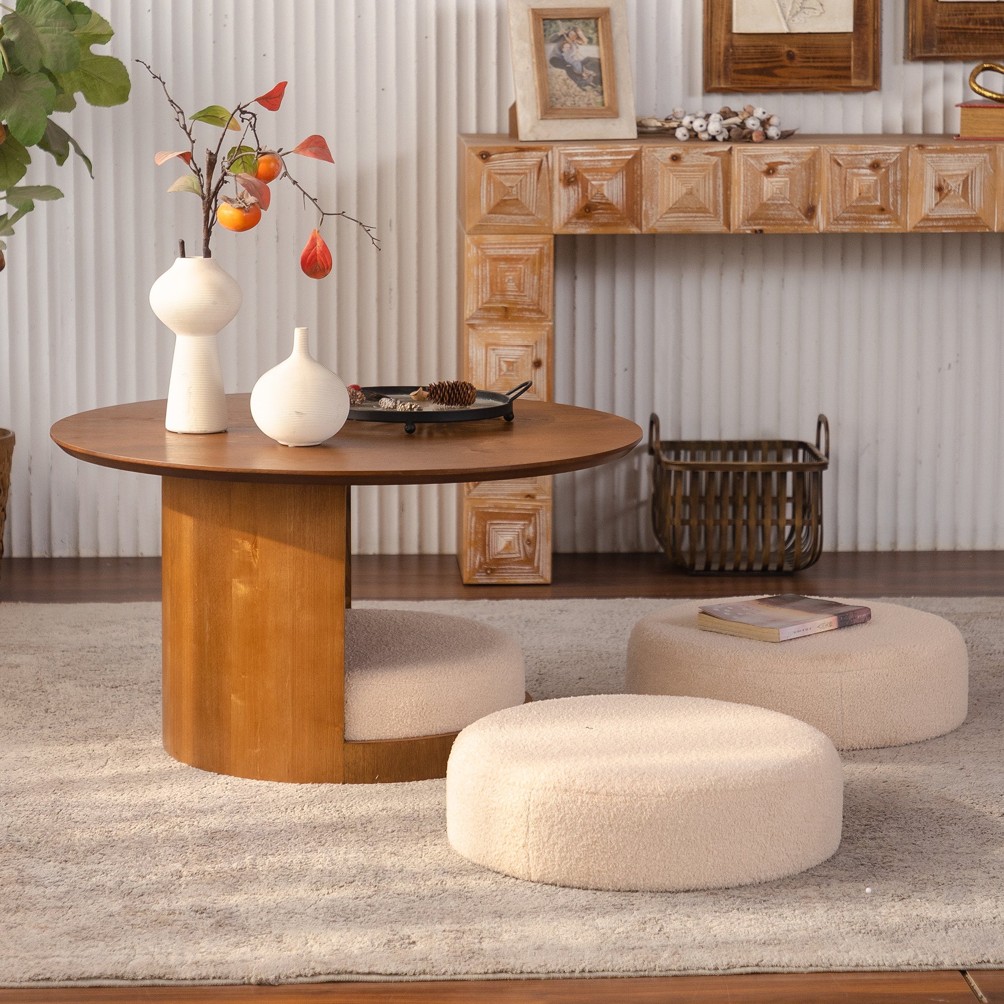 31.5" Round Wood Coffee Table with 3 Teddy Fabric Nesting Stools by HouseOfZazla