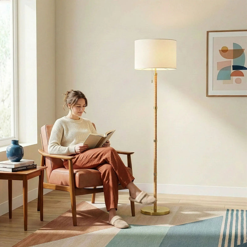 Stellar - Linen Shade Floor Lamp - Gold / Natural Wood / Rattan / White by Unique Piece Furniture
