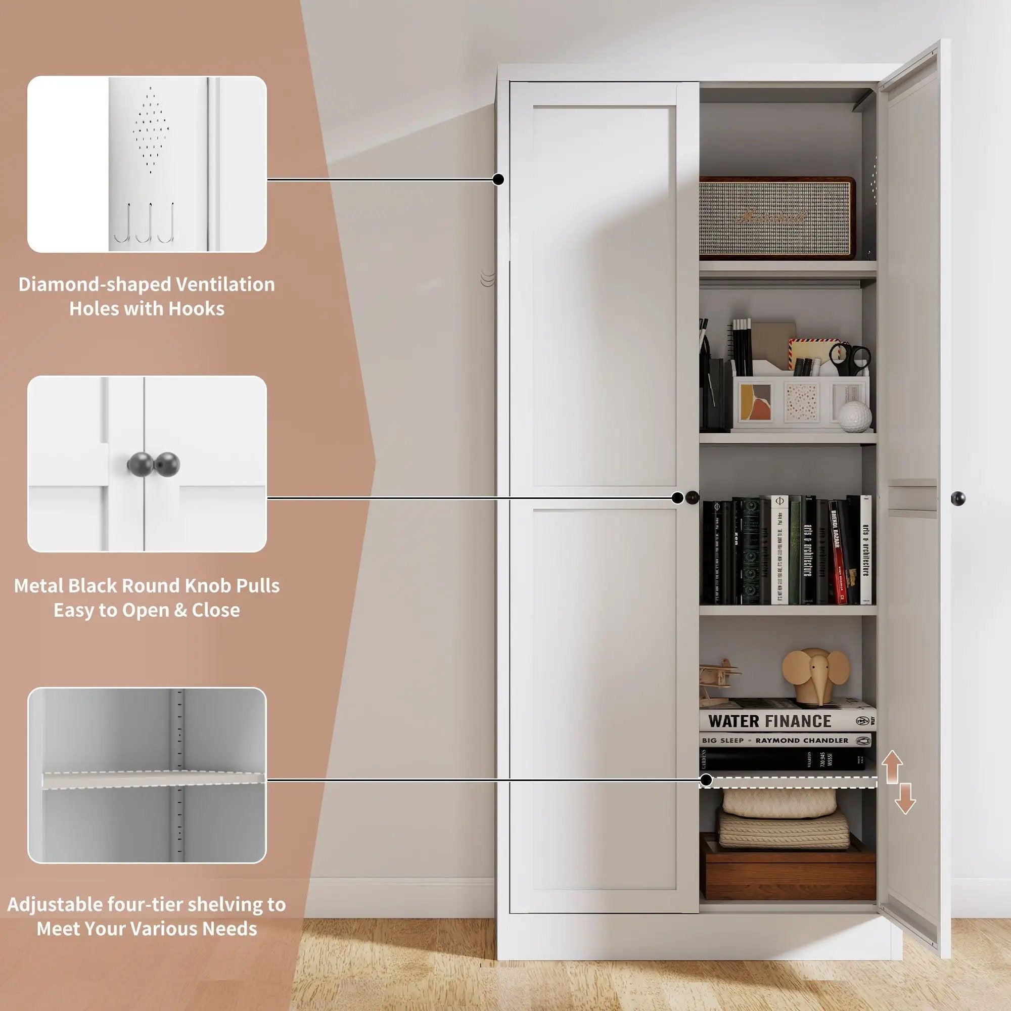 Kitchen Pantry Cabinet Adjustable Storage With 4 Shelves, Heavy Duty Freestanding Pantry Organizer - White by HouseOfZazla