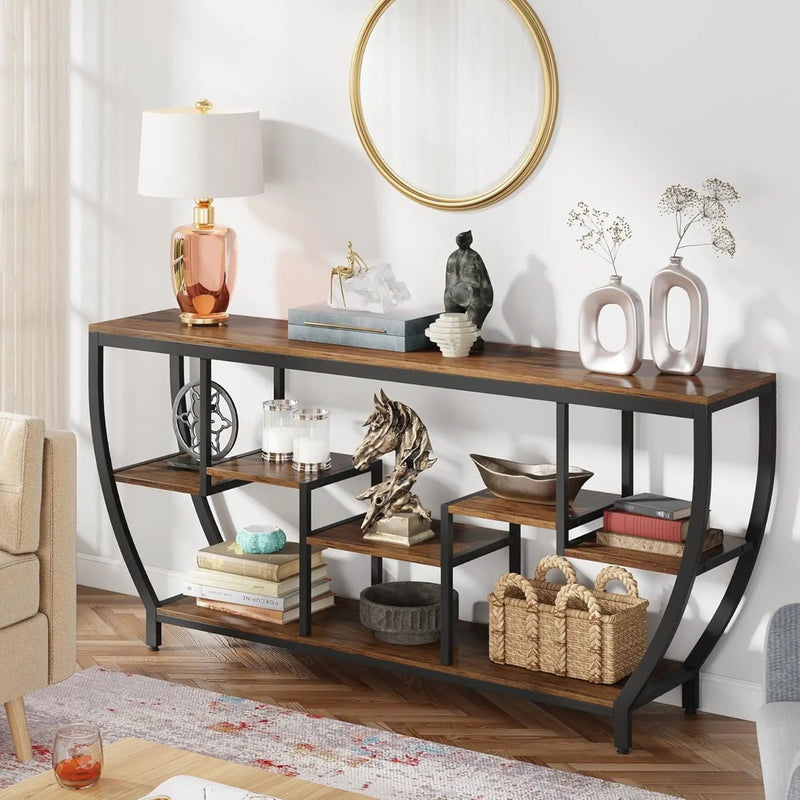 Extra Long Entryway Console Sofa Table With 7 Tier Shelves - Brown / Black by HouseOfZazla