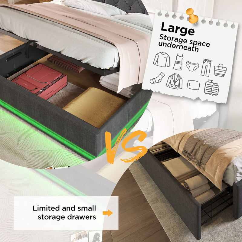 Upholstered Bed, 360 Surround LED Function, Remote Control, Hydraulic Storage Bed With USB, Type-C Charging (Without Mattress) by HouseOfZazla