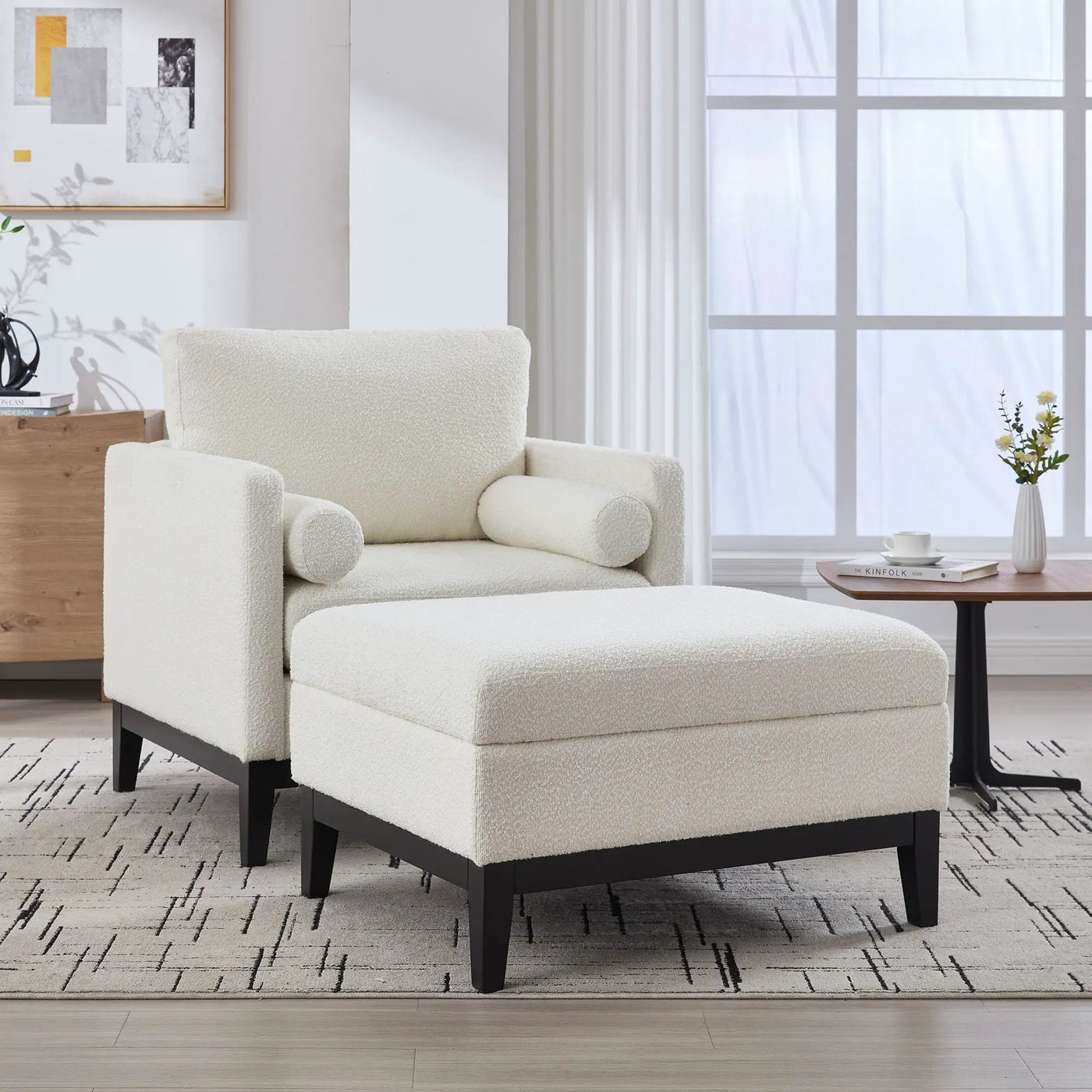 Farmhouse Upholstered Accent Chair With Ottoman, Reversible Lid Coffee Table by HouseOfZazla