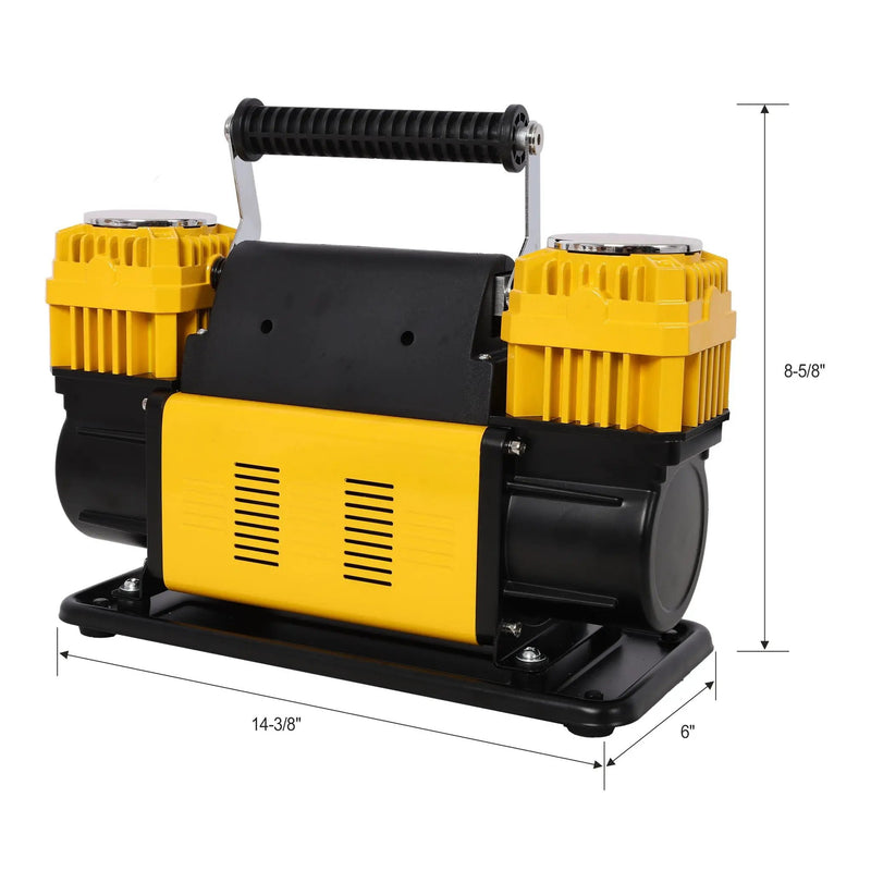 Heavy Duty 12V Dual Cylinder Air Compressor, Tire Inflator With Gauge - Yellow / Black by HouseOfZazla