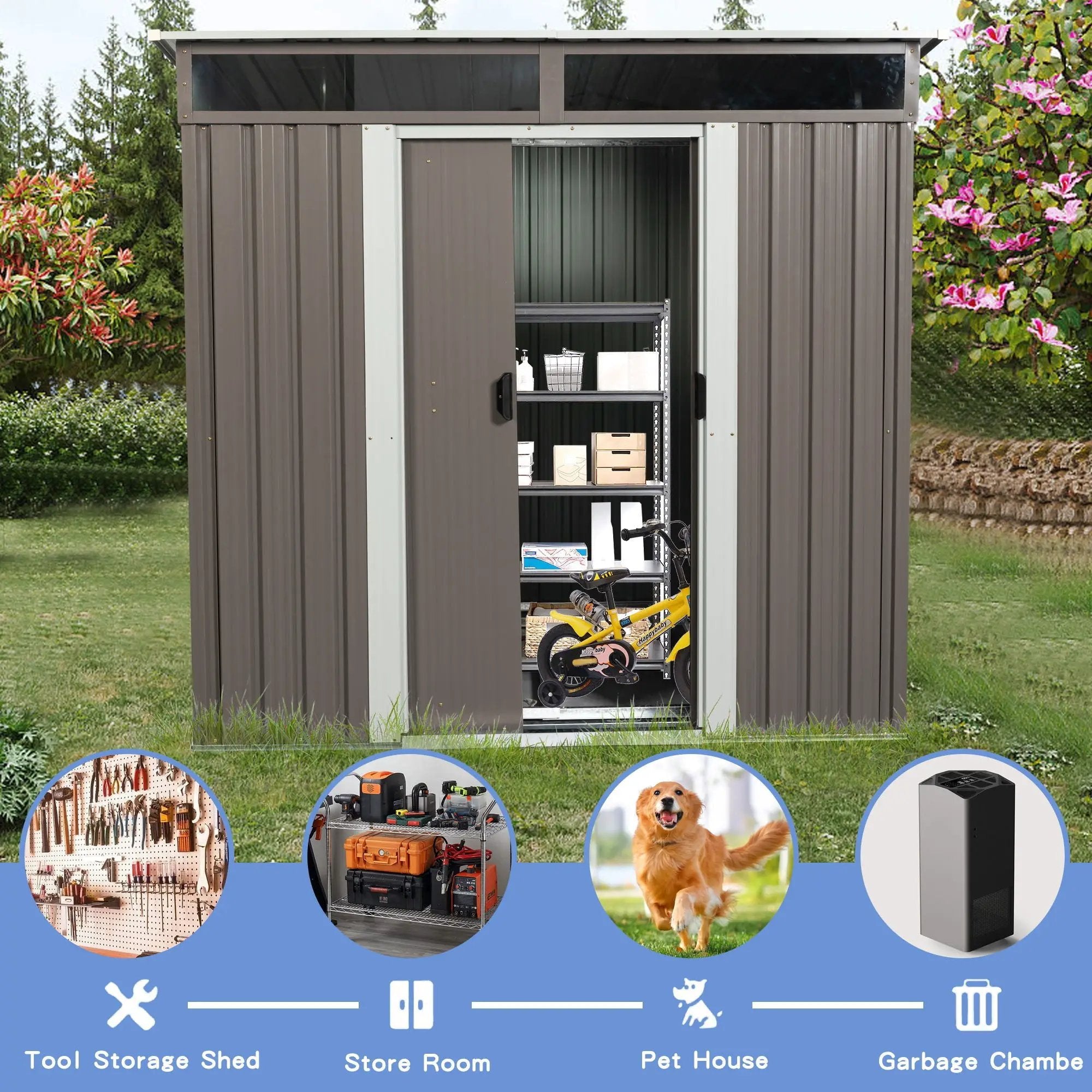 Outdoor Metal Storage Shed With Window Transparent Plate W540S00011 - Gray by HouseOfZazla