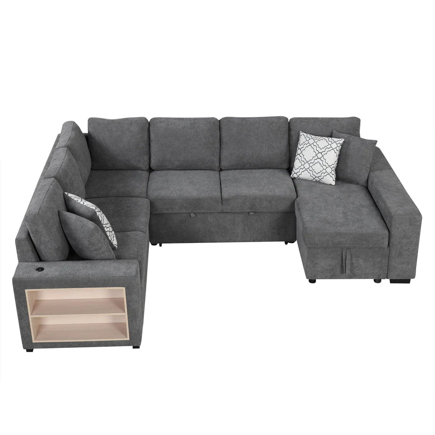 U-Shaped Sectional Sofa Pull-Out Sofa Bed With Two USB Ports, A Storage Chaise Lounge And Four Back Pillows For Living Room by HouseOfZazla