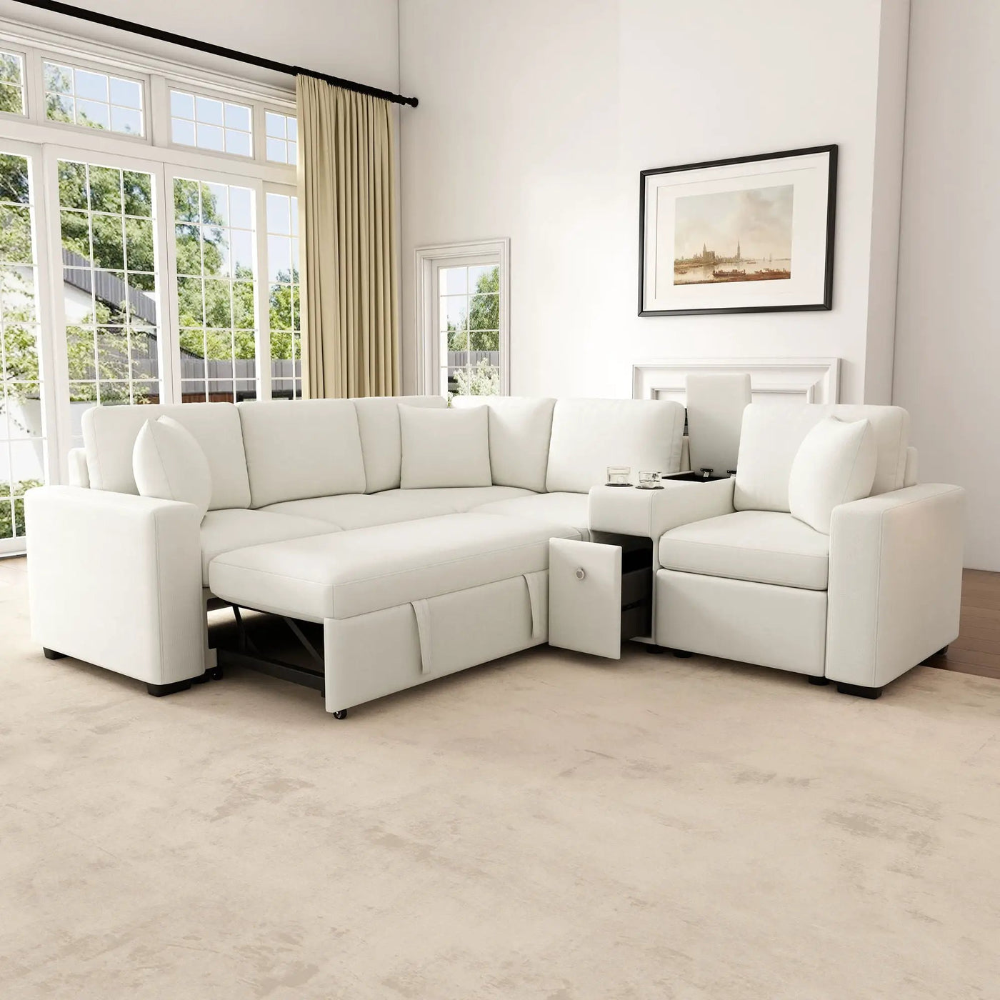 Modular L-Shaped Sectional Sofa Bed With Pull-Out Sleeper, Cup Holders, And Storage by HouseOfZazla
