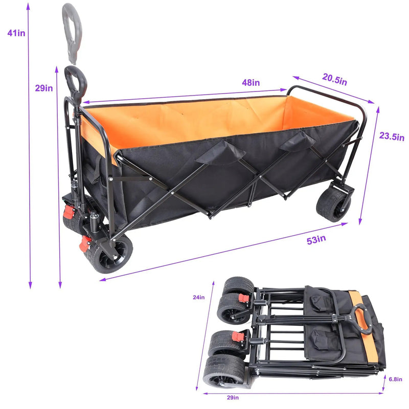 Big Large Capacity Folding Wagon Cart with Extender (Black + Orange) by HouseOfZazla