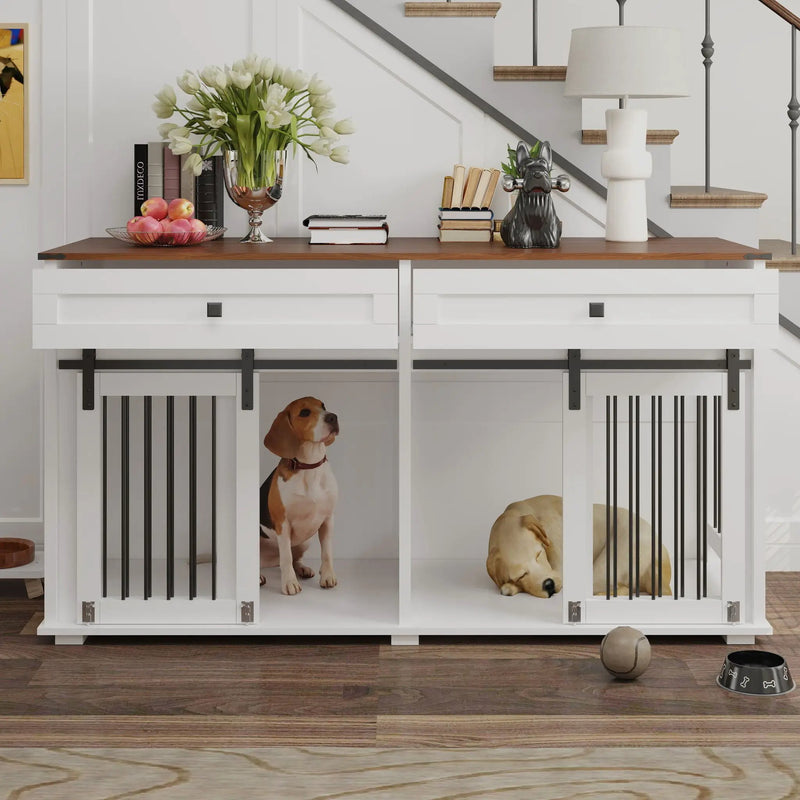Large Dog Crate, Water Resistant Indoor Pets Furniture Double Dog Crates - Brown White by HouseOfZazla