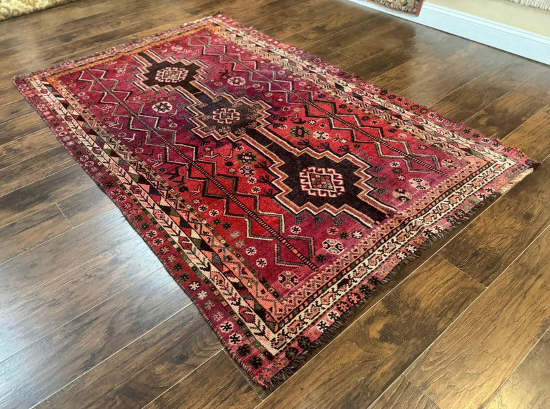 Persian Tribal Shiraz Rug 5x8, Geometric, Raspberry Red and Charcoal, Antique Persian Carpet by Jewel Rugs