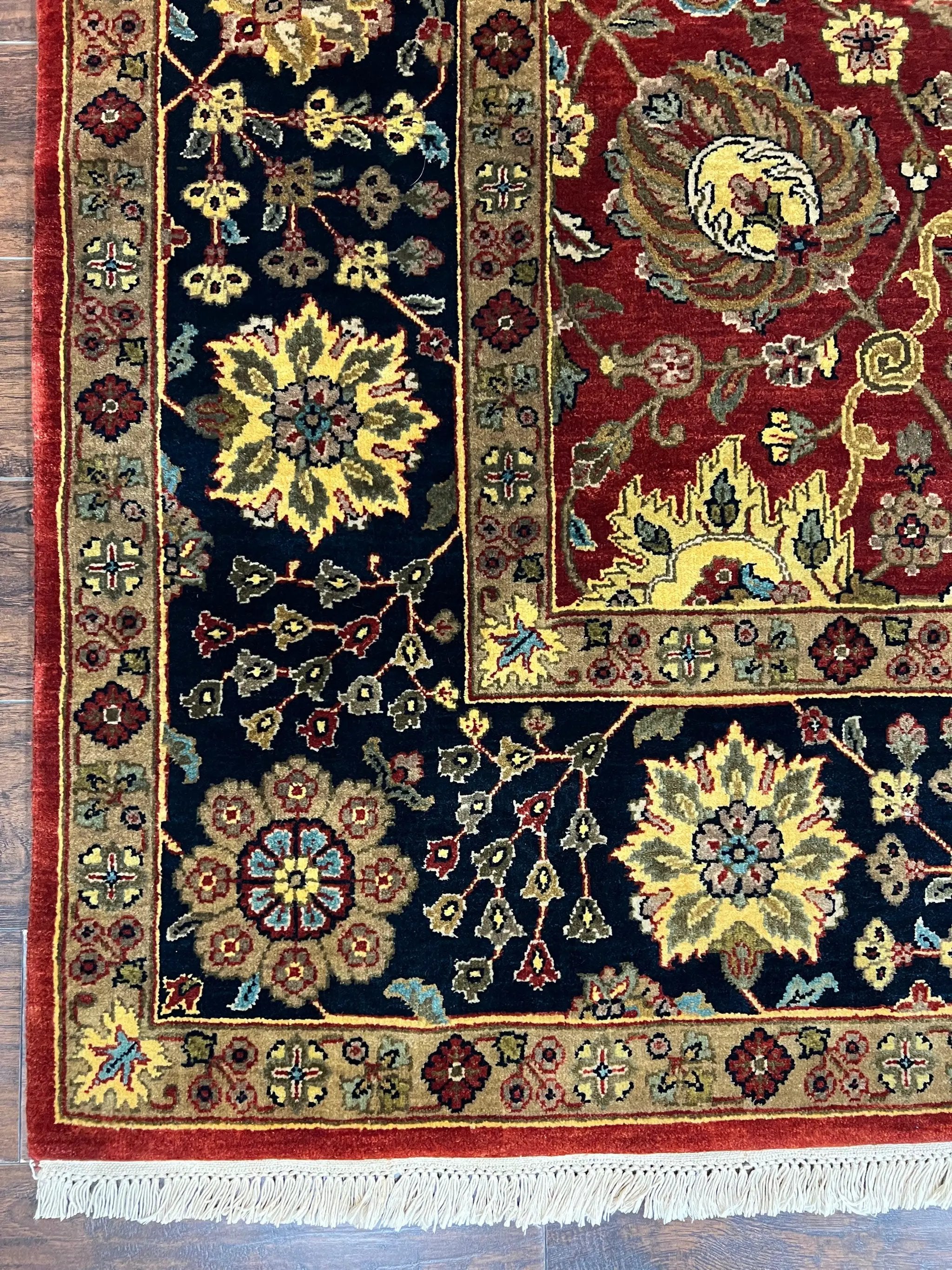 Indo Persian Rug 9x12, Hand Knotted Traditional Indian Wool Oriental Carpet 9 x 12 ft, Maroon and Navy Blue, Floral Allover 9x12 Vintage Rug by Jewel Rugs