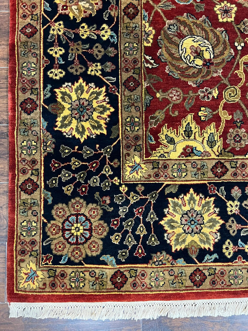 Indo Persian Rug 9x12, Hand Knotted Traditional Indian Wool Oriental Carpet 9 x 12 ft, Maroon and Navy Blue, Floral Allover 9x12 Vintage Rug by Jewel Rugs