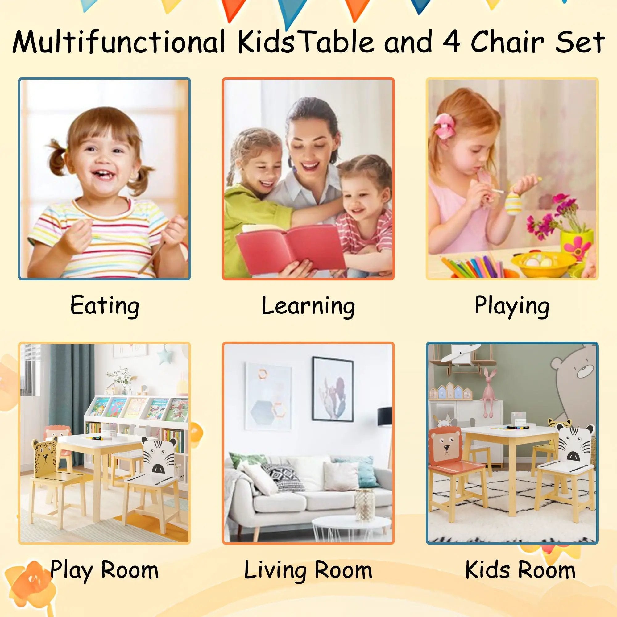 Kids Table And Chair Set With Cartoon Animals Design - White by HouseOfZazla