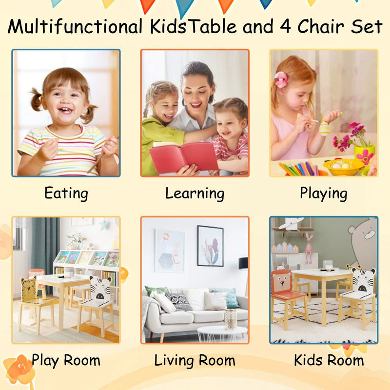 Kids Table And Chair Set With Cartoon Animals Design - White by HouseOfZazla