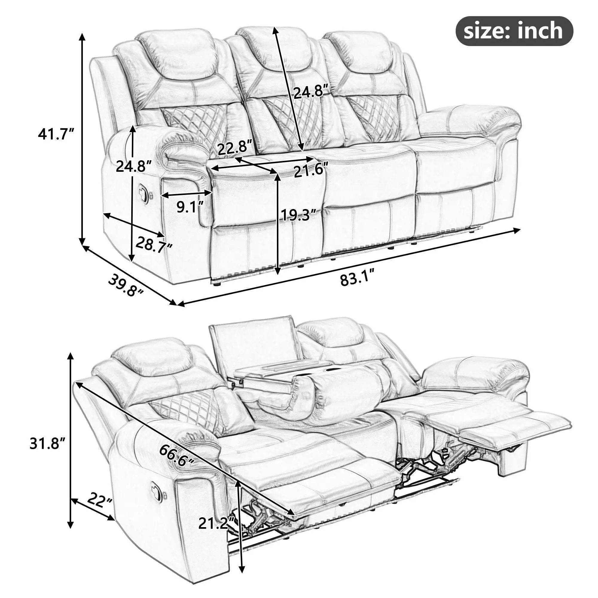 Home Theater Seating Manual Recliner Chair With Center Console And Led Light Strip For Living Room by HouseOfZazla