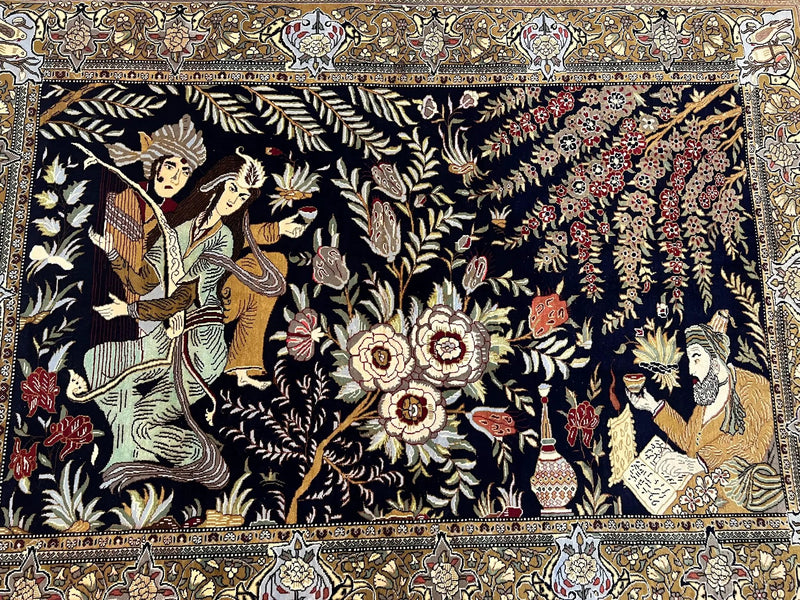 Persian Qum Pictorial Rug 4.8 x 6.5 - Layla & Majnun, Birds by Jewel Rugs