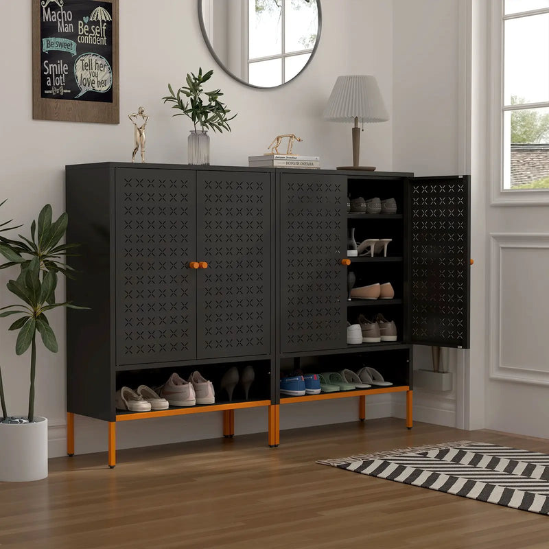 Grid Double Door Shoe Cabinet With Adjustable Compartments And Moisture-Proof Design In Metal by Unique Piece Furniture