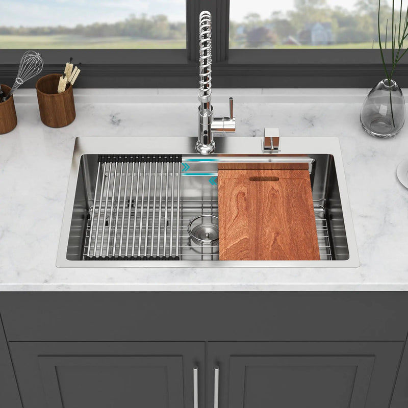 33" Drop In Kitchen Sink Single Bowl 16 Gauge Stainless Steel Ledge Workstation - Black by HouseOfZazla