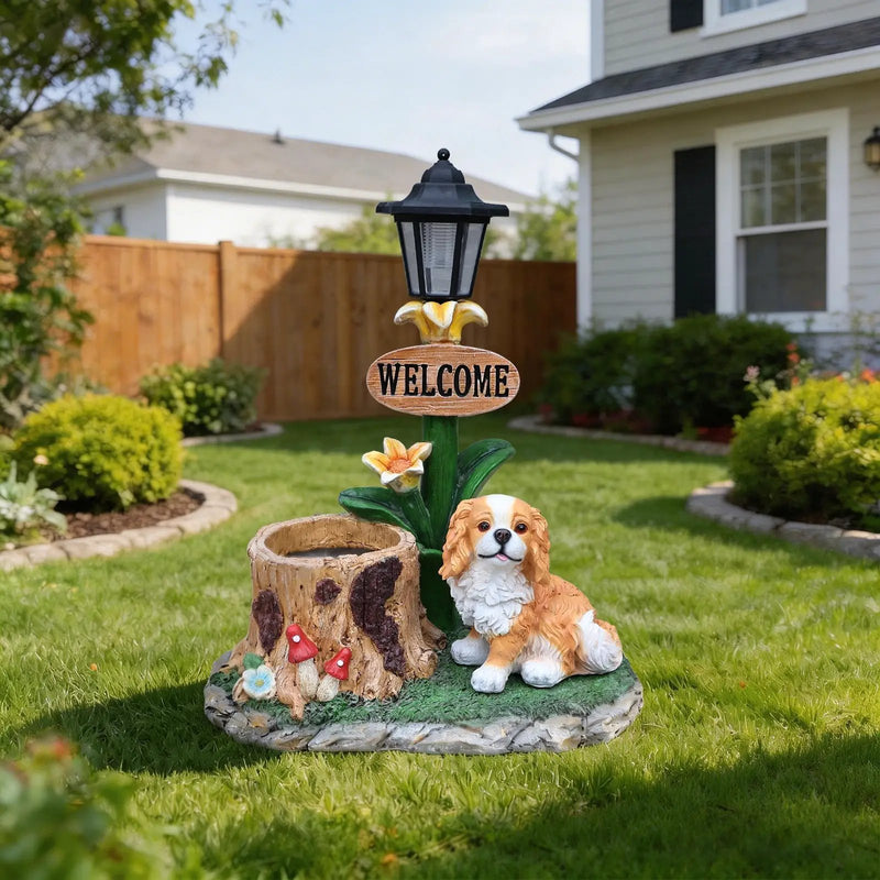 Sitting Dog Solar Lantern Planter Statue by HouseOfZazla