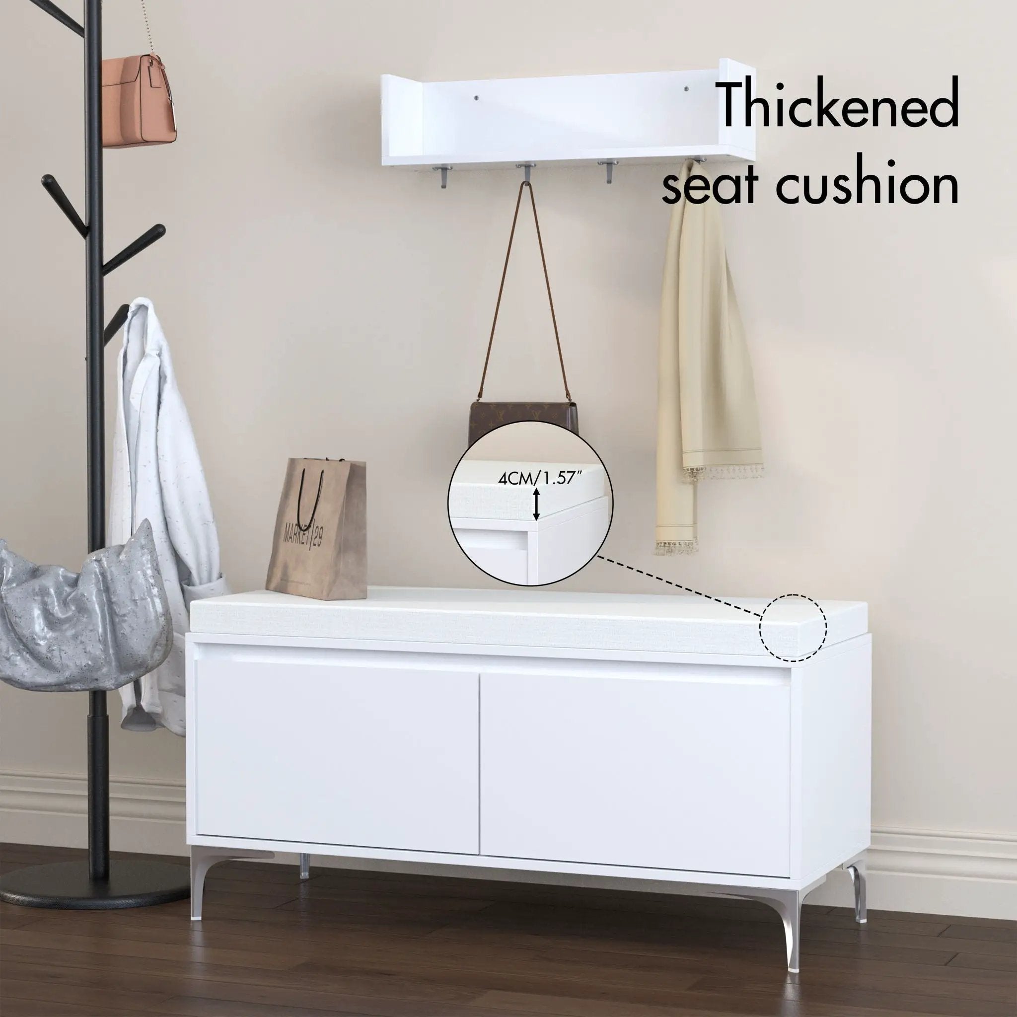 Wall Mounted Entryway Shelf With Hooks And Storage Bench Set - Off White by Unique Piece Furniture