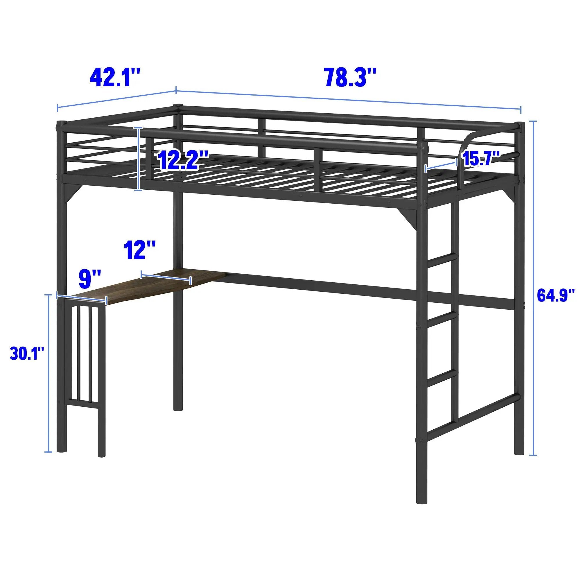 Twin Metal Loft Bed With Desk, Ladder And Guardrails, Bookdesk Under Bed - Black by HouseOfZazla