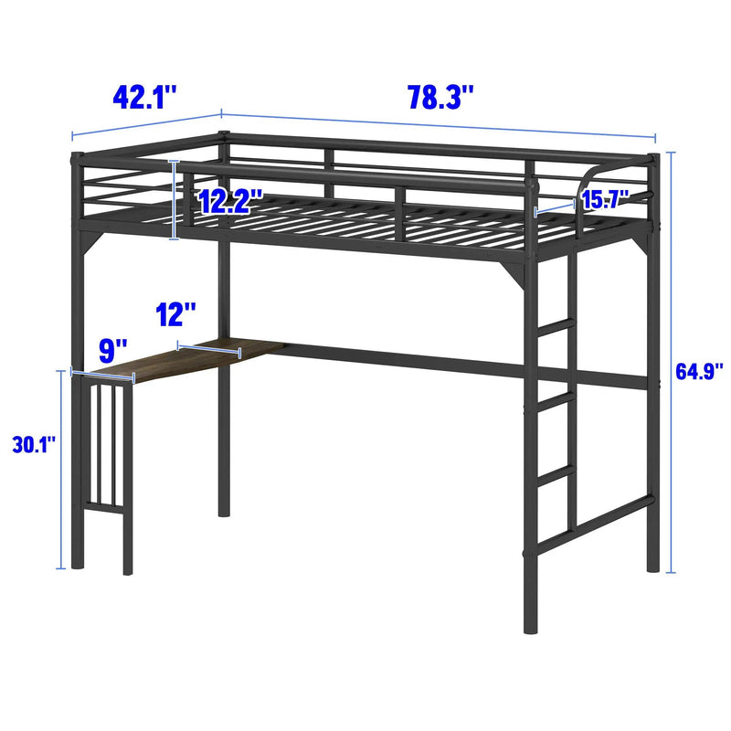 Twin Metal Loft Bed With Desk, Ladder And Guardrails, Bookdesk Under Bed - Black by HouseOfZazla